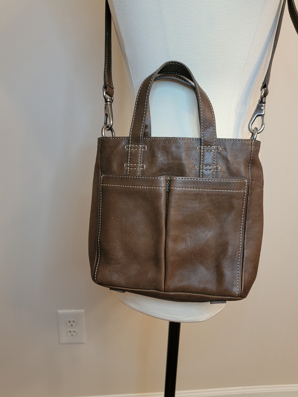 Frye Dark Brown Leather Messenger Tote with Front Pockets
